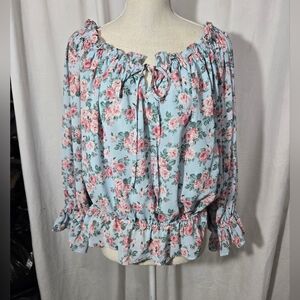 Scrap Work Boutique Floral Blouse Blue Pink Sz LARGE